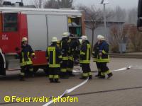 An der anderen Gebäudeseite Ausrüsten mit Pressluftatmern zur Personenrettung.